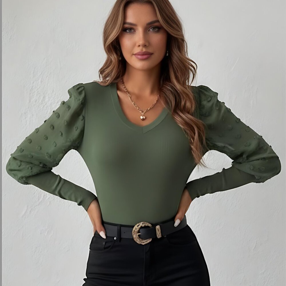Green Swiss Dot Ribbed Gigot Sleeve V Neck Top